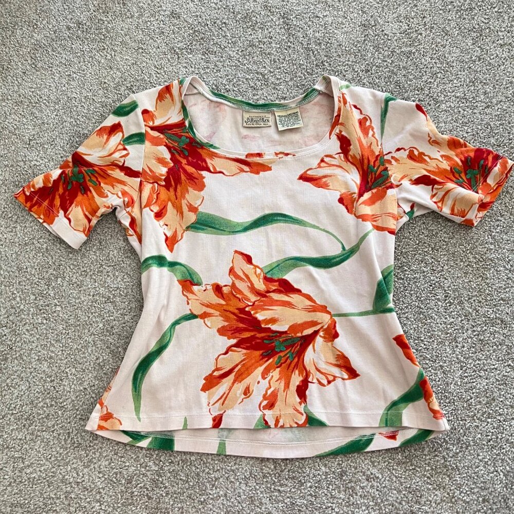 Y2K Vintage St. John’s Bay Orange & White Floral Top 100% Cotton Tailored Waist - Picture 5 of 8